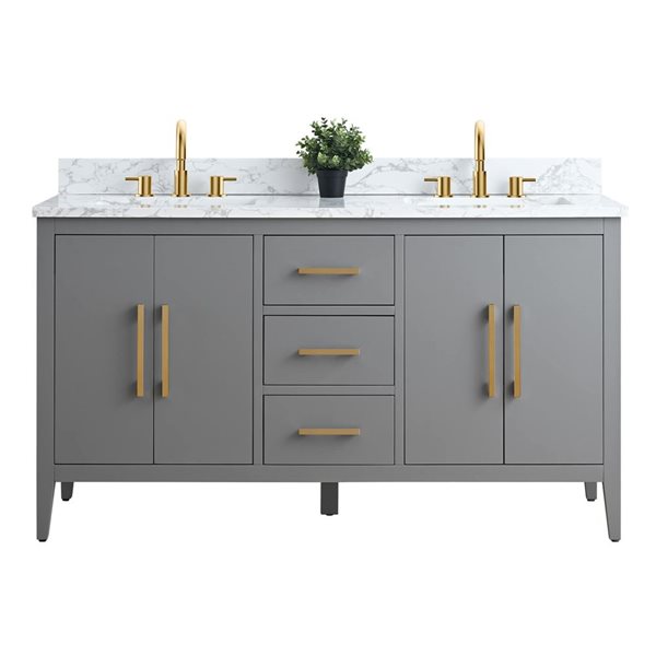 60-In W Double Sink Bathroom Vanity W/engineered Marble Top And Brushed Gold Handle - Grey, Grey/Red/Gold