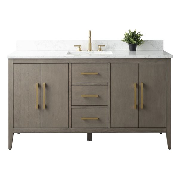 60-In W Single Sink Bathroom Vanity W/ Engineered Marble Top And Brushed Gold Handle - Dark Grey, Grey/Red/Gold