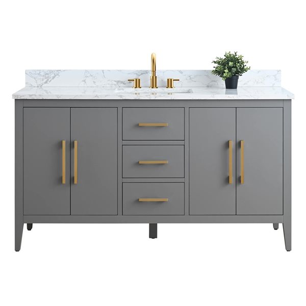 60-In W Single Sink Bathroom Vanity W/ Engineered Marble Top And Brushed Gold Handle - Grey, Grey/Red/Gold