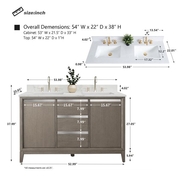 Vanity Art 54 W x 22 D x 34-in H Double Sink Bathroom Vanity w/ Engineered Marble Top - Grey/White