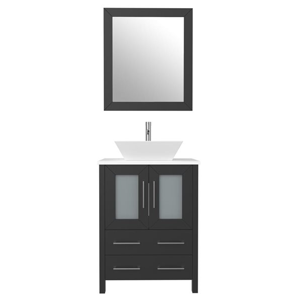 Vanity Art 24-in W Single Vessel Ceramic Sink Bathroom Vanity w/ Engineered Marble Top and Mirror - Black/White