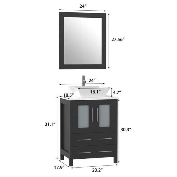 Vanity Art 24-in W Single Vessel Ceramic Sink Bathroom Vanity w/ Engineered Marble Top and Mirror - Black/White
