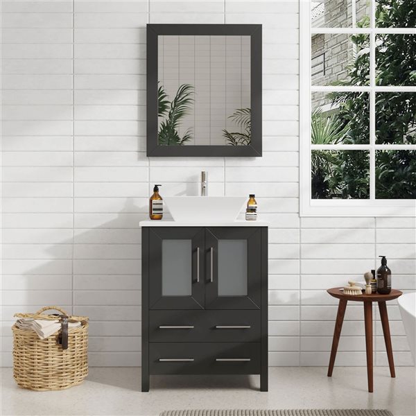 Vanity Art 24-in W Single Vessel Ceramic Sink Bathroom Vanity w/ Engineered Marble Top and Mirror - Black/White