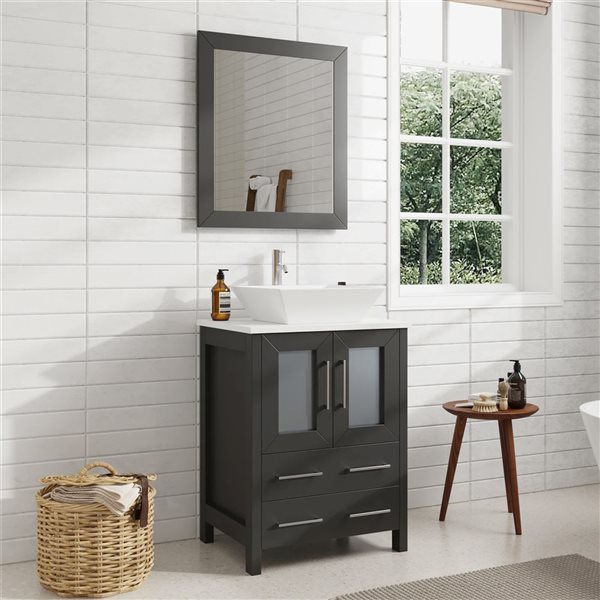 Vanity Art 24-in W Single Vessel Ceramic Sink Bathroom Vanity w/ Engineered Marble Top and Mirror - Black/White