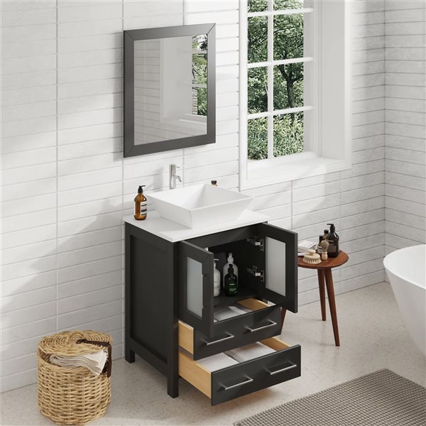 Vanity Art 24-in W Single Vessel Ceramic Sink Bathroom Vanity w/ Engineered Marble Top and Mirror - Black/White