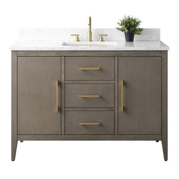 48-In W Single Sink Bathroom Vanity W/ Engineered Marble Top And Brushed Gold Handle - Dark Grey, Grey/Red/Gold