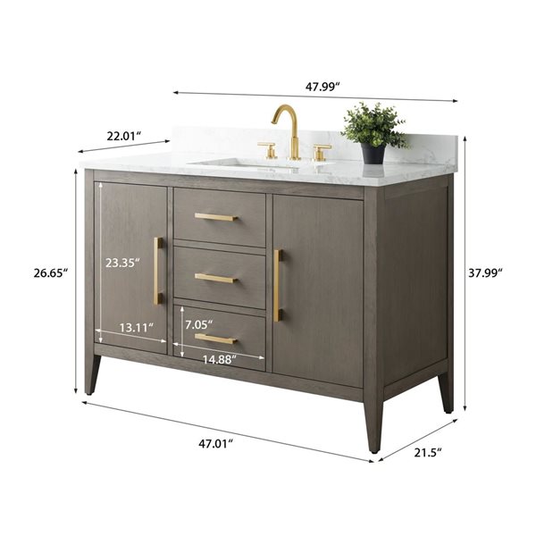 Vanity Art 48-in W Single Sink Bathroom Vanity w/ Engineered Marble Top and Brushed Gold Handle - Dark Grey