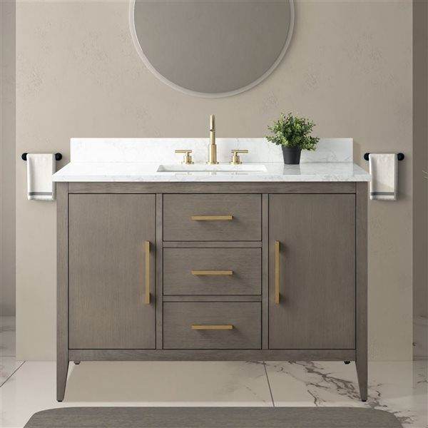 Vanity Art 48-in W Single Sink Bathroom Vanity w/ Engineered Marble Top and Brushed Gold Handle - Dark Grey