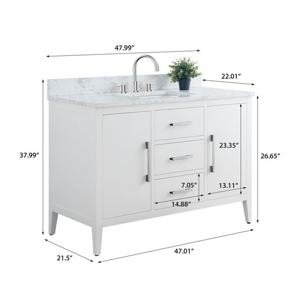 Vanity Art 48-in W Single Sink Bathroom Vanity w/ Engineered Marble Top and Brushed Nickel Handle - White