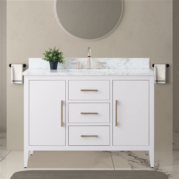 Vanity Art 48-in W Single Sink Bathroom Vanity w/ Engineered Marble Top and Brushed Nickel Handle - White
