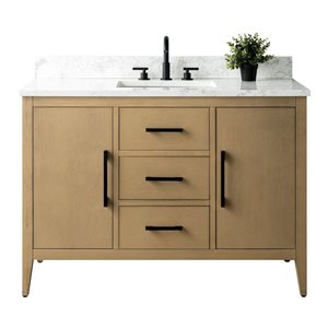 Meuble-lavabo simple Vanity Art 48 l. x 19 p. x 34 po h. dessus marbre synthétique/poignée noir mat, chêne naturel