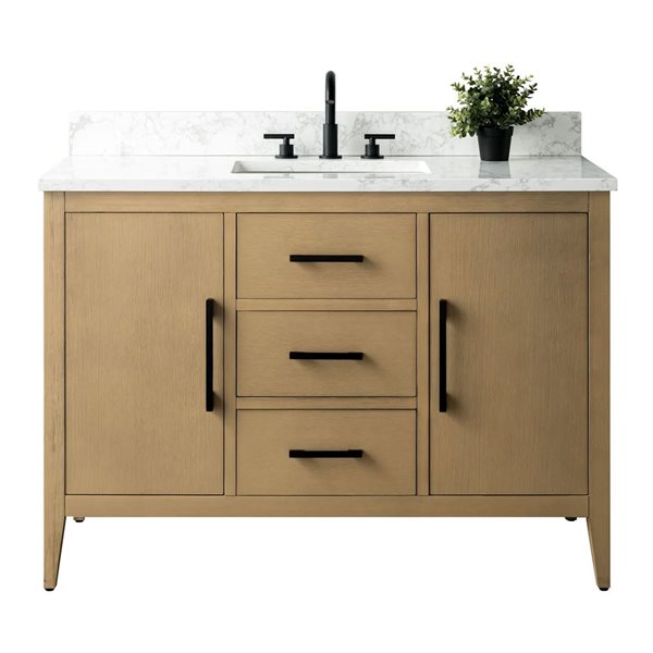 48-In W Single Sink Bathroom Vanity W/ Engineered Marble Top And Matte Black Handle - Natural Oak, Black/Red