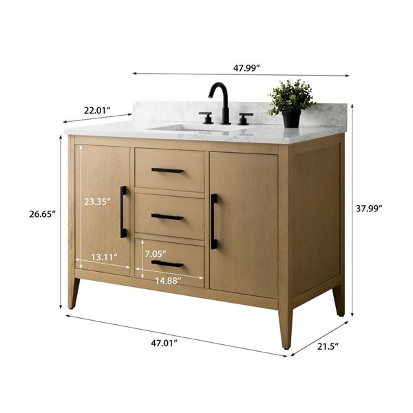 Vanity Art 48-in W Single Sink Bathroom Vanity w/ Engineered Marble Top and Matte Black Handle - Natural Oak