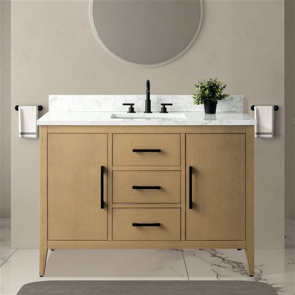 Vanity Art 48-in W Single Sink Bathroom Vanity w/ Engineered Marble Top and Matte Black Handle - Natural Oak