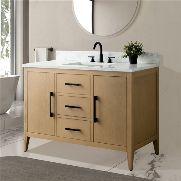 Vanity Art 48-in W Single Sink Bathroom Vanity w/ Engineered Marble Top and Matte Black Handle - Natural Oak