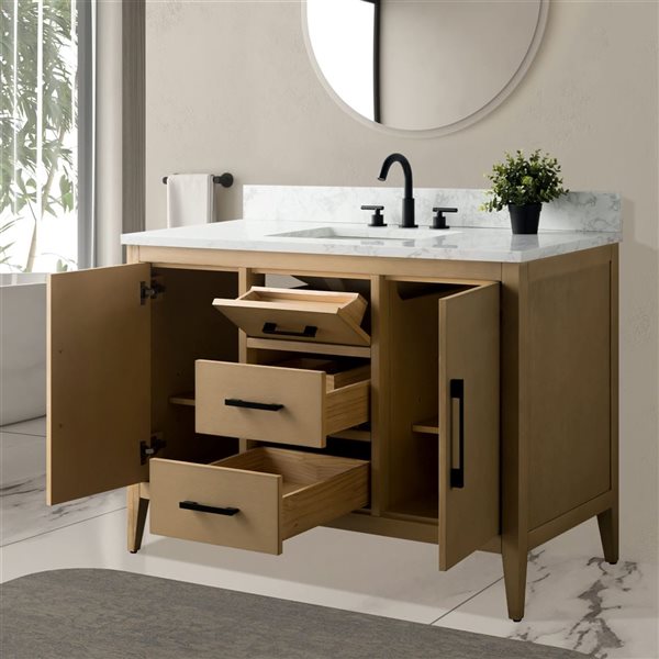 Vanity Art 48-in W Single Sink Bathroom Vanity w/ Engineered Marble Top and Matte Black Handle - Natural Oak
