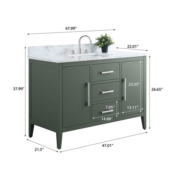 Vanity Art 48-in W Single Sink Bathroom Vanity w/ Engineered Marble Top and Brushed Nickel Handle - Vintage Green