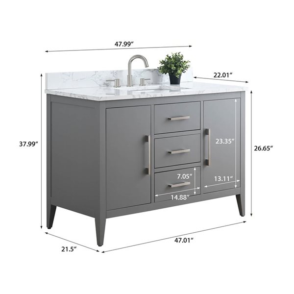 Vanity Art 48-in W Single Sink Bathroom Vanity w/ Engineered Marble Top and Brushed Nickel Handle - Grey