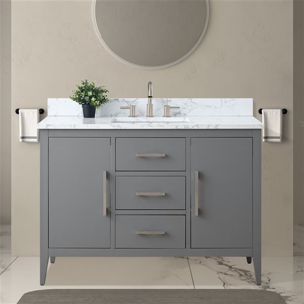 Vanity Art 48-in W Single Sink Bathroom Vanity w/ Engineered Marble Top and Brushed Nickel Handle - Grey