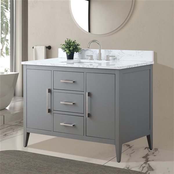 Vanity Art 48-in W Single Sink Bathroom Vanity w/ Engineered Marble Top and Brushed Nickel Handle - Grey