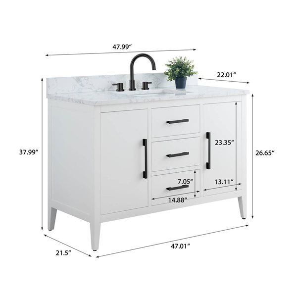 Vanity Art 48-in W Single Sink Bathroom Vanity w/ Engineered Marble Top and Matte Black Handle - White