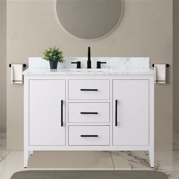 Vanity Art 48-in W Single Sink Bathroom Vanity w/ Engineered Marble Top and Matte Black Handle - White
