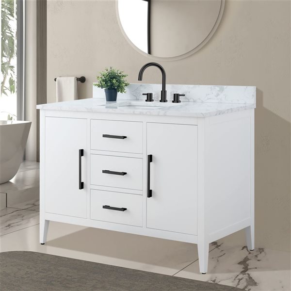 Vanity Art 48-in W Single Sink Bathroom Vanity w/ Engineered Marble Top and Matte Black Handle - White
