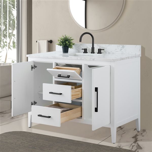 Vanity Art 48-in W Single Sink Bathroom Vanity w/ Engineered Marble Top and Matte Black Handle - White