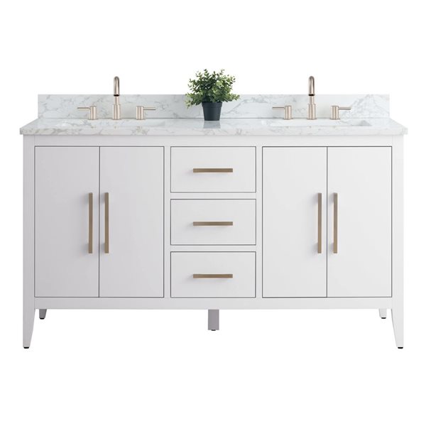 Vanity Art 60 W x 22 D x 34-in H White Double Sink Bathroom Vanity w/ Engineered Marble Top and Brushed Nickel Handle