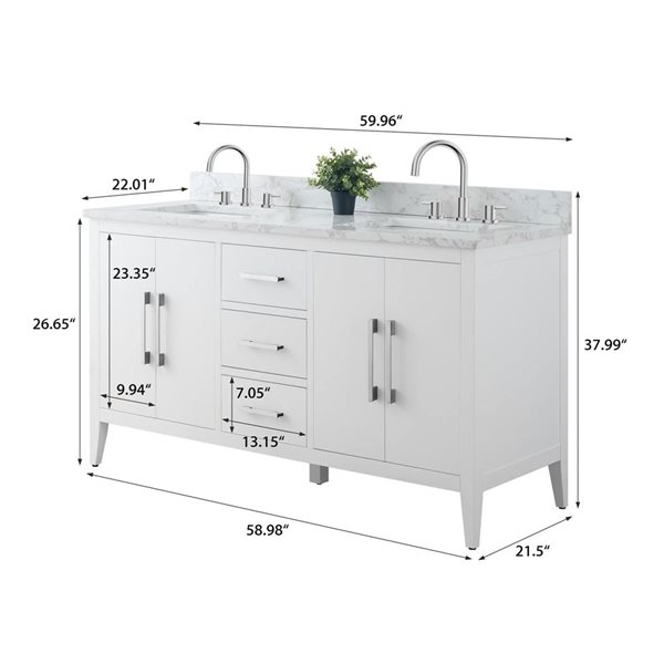 Vanity Art 60 W x 22 D x 34-in H White Double Sink Bathroom Vanity w/ Engineered Marble Top and Brushed Nickel Handle
