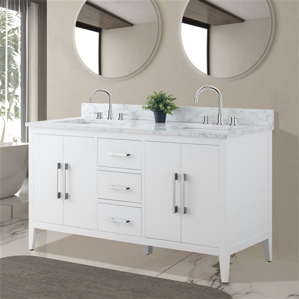 Vanity Art 60 W x 22 D x 34-in H White Double Sink Bathroom Vanity w/ Engineered Marble Top and Brushed Nickel Handle