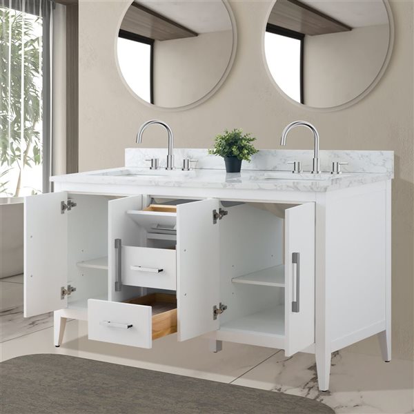 Vanity Art 60 W x 22 D x 34-in H White Double Sink Bathroom Vanity w/ Engineered Marble Top and Brushed Nickel Handle