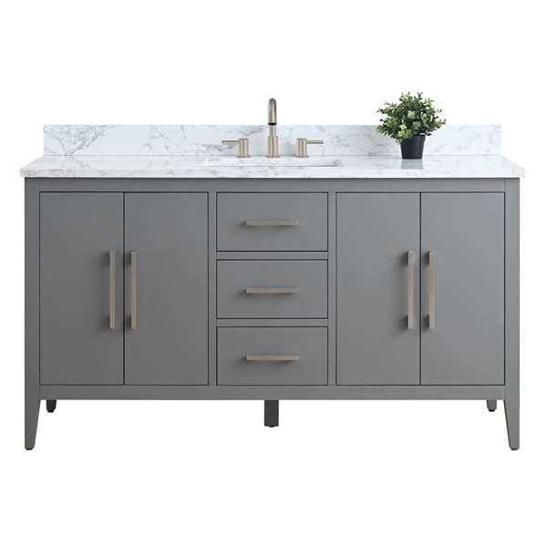 60-In W Single Sink Bathroom Vanity W/ Engineered Marble Top And Brushed Nickel Handle - Grey, Grey/Red, Marble/Nickel