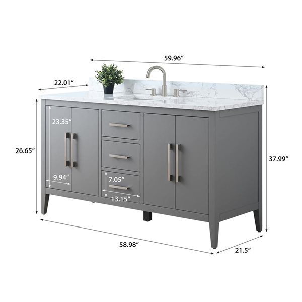 Vanity Art 60-in W Single Sink Bathroom Vanity w/ Engineered Marble Top and Brushed Nickel Handle - Grey
