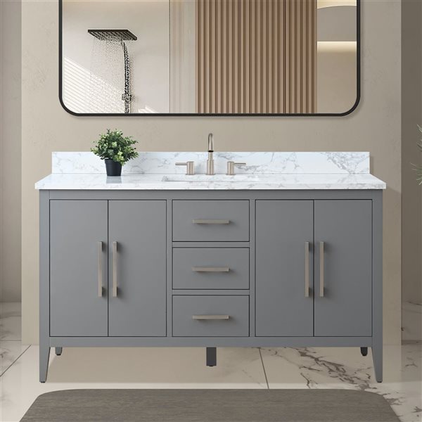 Vanity Art 60-in W Single Sink Bathroom Vanity w/ Engineered Marble Top and Brushed Nickel Handle - Grey
