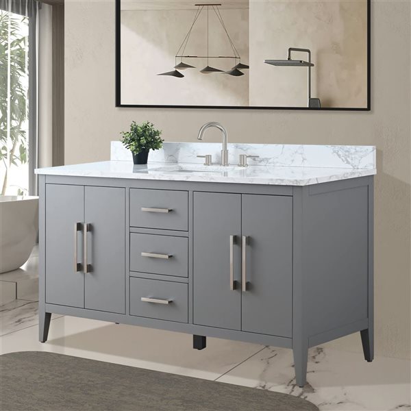 Vanity Art 60-in W Single Sink Bathroom Vanity w/ Engineered Marble Top and Brushed Nickel Handle - Grey