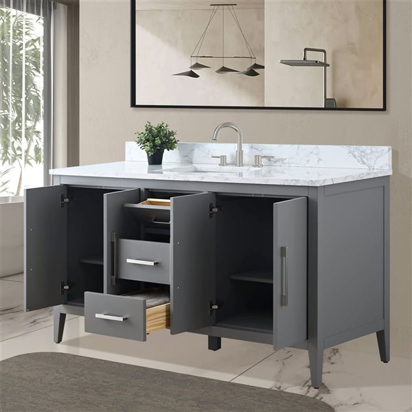Vanity Art 60-in W Single Sink Bathroom Vanity w/ Engineered Marble Top and Brushed Nickel Handle - Grey