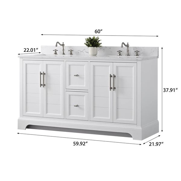 Vanity Art 60 W x 22 D x 34-in H Double Sink Bathroom Vanity w/ Engineered Marble Top - White