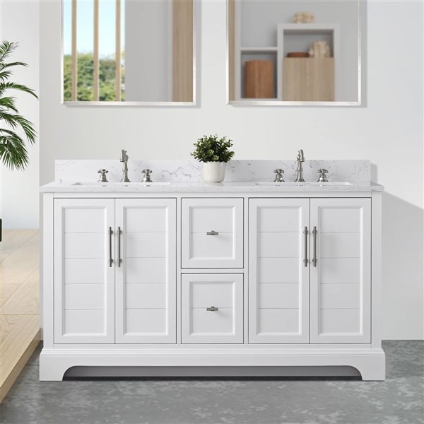 Vanity Art 60 W x 22 D x 34-in H Double Sink Bathroom Vanity w/ Engineered Marble Top - White