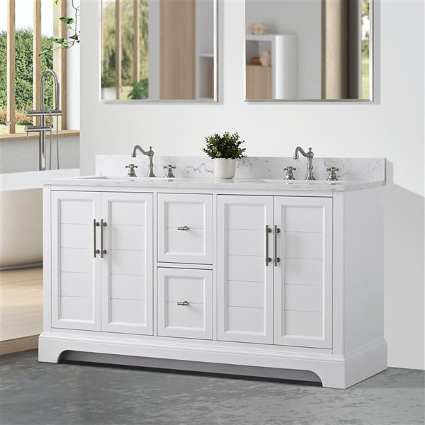 Vanity Art 60 W x 22 D x 34-in H Double Sink Bathroom Vanity w/ Engineered Marble Top - White