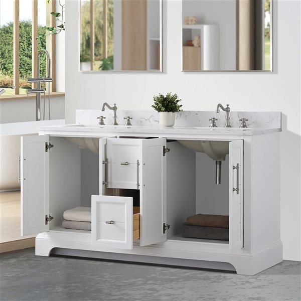 Vanity Art 60 W x 22 D x 34-in H Double Sink Bathroom Vanity w/ Engineered Marble Top - White