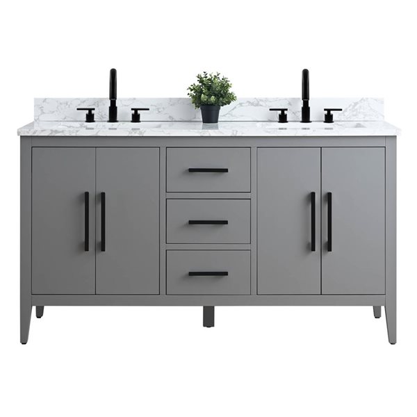 Vanity Art 60-in W Double Sink Bathroom Vanity w/Engineered Marble Top and Matte Black Handle ...