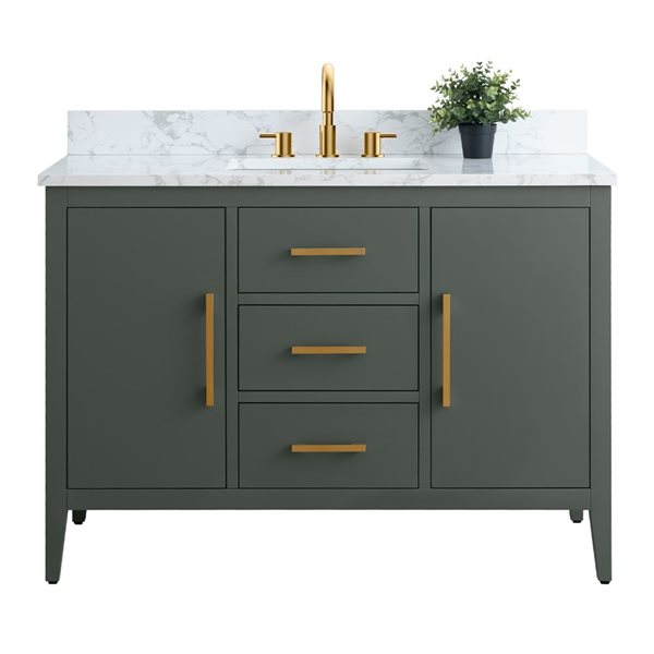 48-In W Single Sink Bathroom Vanity W/ Engineered Marble Top And Brushed Gold Handle - Vintage Green, Green/Red/Gold