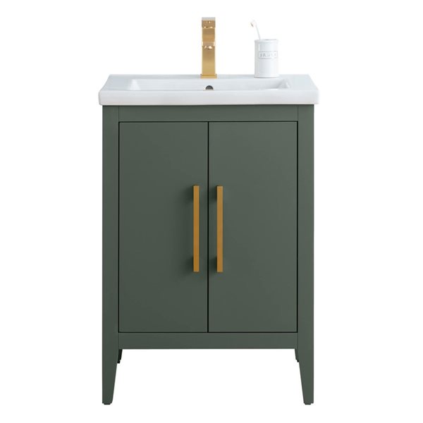 24 W X 19 D X 34-In H Single Sink Bathroom Vanity W/ceramic Top And Brushed Gold Handle - Vintage Green, Green/Gold