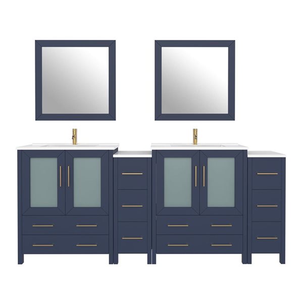Vanity Art 84-in W Double Sink Bathroom Vanity w/ Ceramic Top and Mirrors - Blue/White