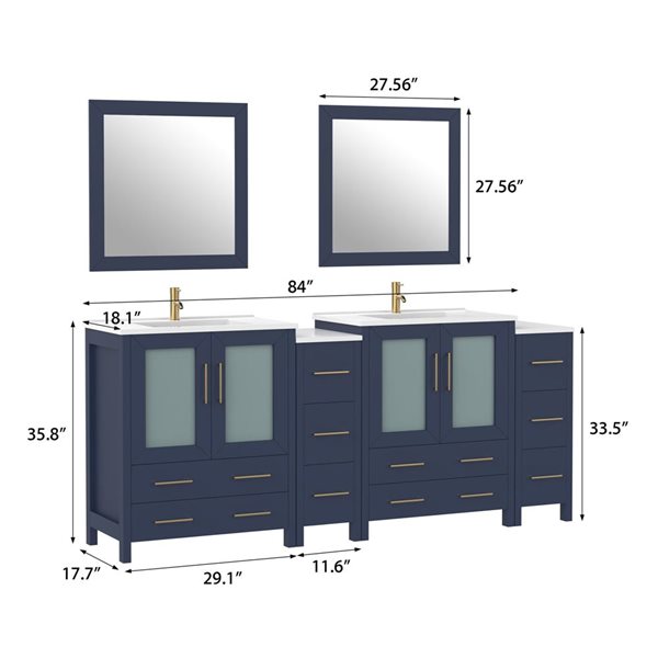 Vanity Art 84-in W Double Sink Bathroom Vanity w/ Ceramic Top and Mirrors - Blue/White