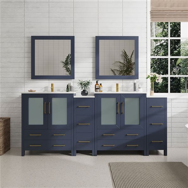Vanity Art 84-in W Double Sink Bathroom Vanity w/ Ceramic Top and Mirrors - Blue/White