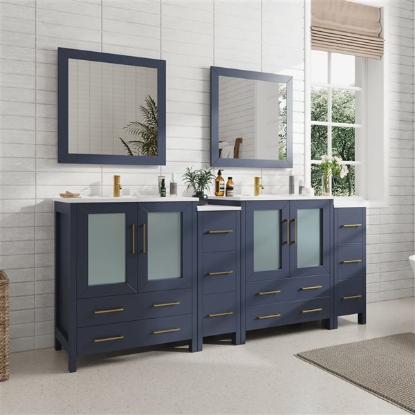 Vanity Art 84-in W Double Sink Bathroom Vanity w/ Ceramic Top and Mirrors - Blue/White