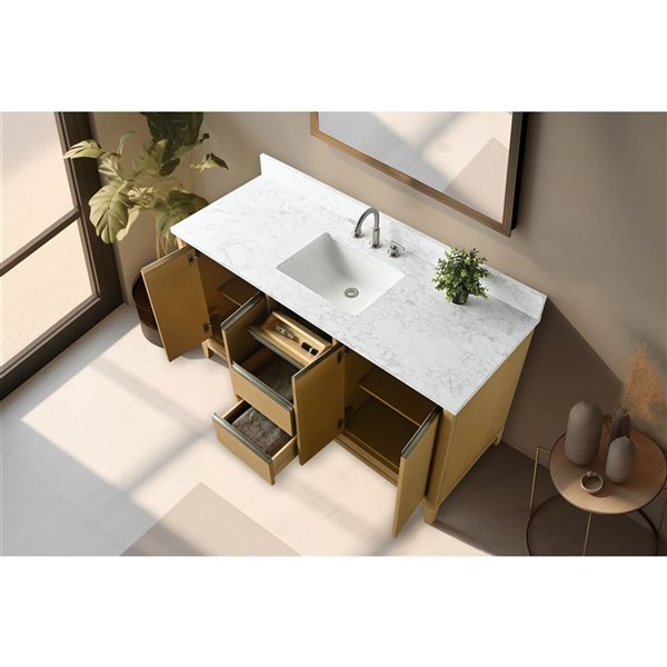 Vanity Art 60 W x 22 D x 34-in H Single Sink Bathroom Vanity w/ Engineered Marble Top - Natural Oak/White