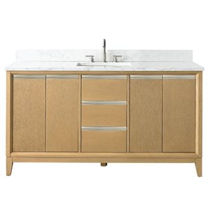 Meuble-lavabo simple Vanity Art 60 l. x 22 p. x 34 po h. avec dessus en marbre synthétique, chêne naturel/blanc